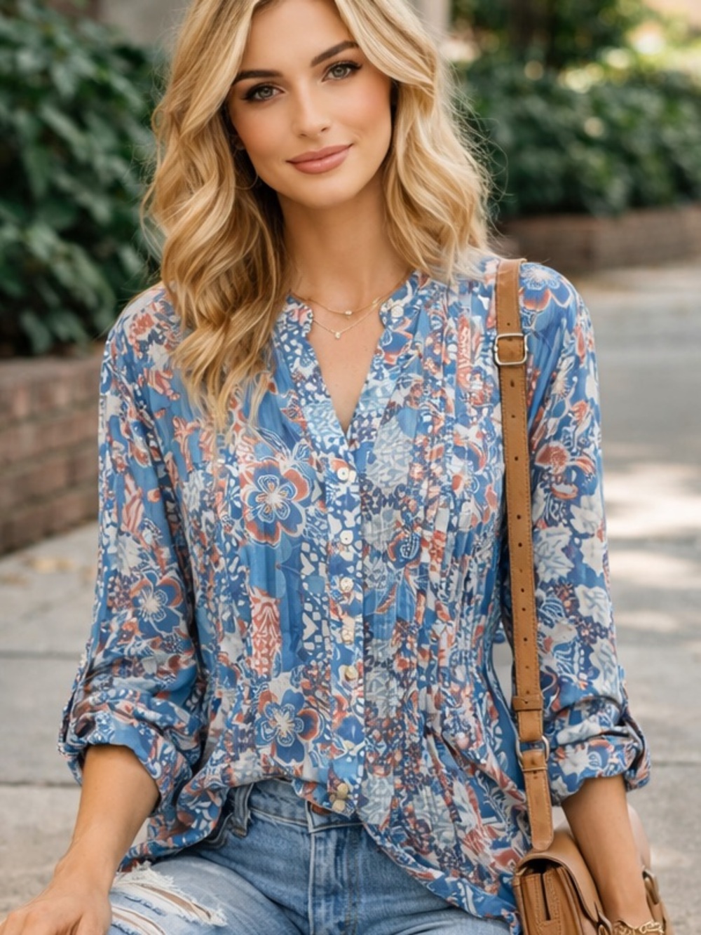 Ruby Rd. Floral‎ Print Women's Top - Blue and Orange